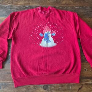 Vintage Red Christmas Sweatshirt Snowman Cardinal‎ Bird Holiday Crewneck